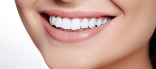 Obraz premium Smiling female mouth with shiny healthy white teeth