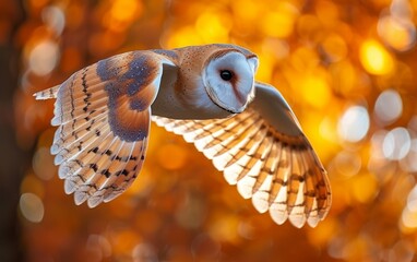 A striking owl, with its wings outstretched, gracefully flies through the air in this captivating image. The owls powerful wings propel it effortlessly through the sky, showcasing its natural grace an