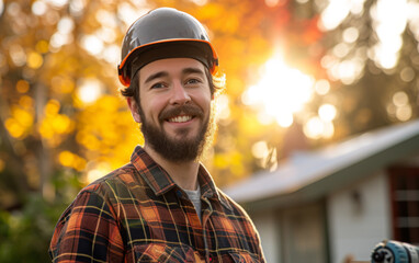 A photograph of a multiracial man with a beard wearing a hard hat, likely at a construction site or industrial setting. He appears focused and ready for work