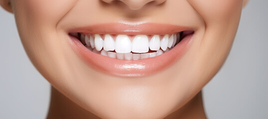 Fototapeta premium Smiling female mouth with shiny healthy white teeth