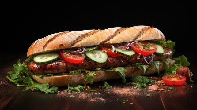 Savory sandwich on a dark background, featuring succulent sausage, fresh herbs, tomatoes, and crisp cucumbers-a tasty meal option.