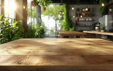 This photo captures a wooden table top in a room adorned with various potted plants, creating a natural and soothing atmosphere
