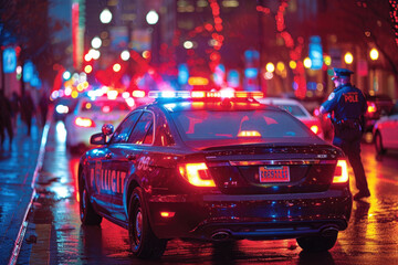 Fototapeta na wymiar In a downpour, a policeman's figure is illuminated by the neon cityscape and patrol car lights. A vivid portrayal of the nightly vigil kept by police in the rhythmic pulse of urban life.