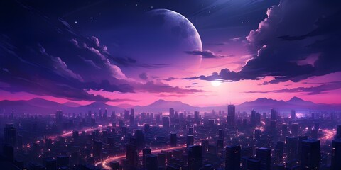 "Purple Shades: Manga Anime and City Skyline in a Stylish Night Scene". Concept Manga Anime, City Skyline, Purple Shades, Night Scene, Stylish