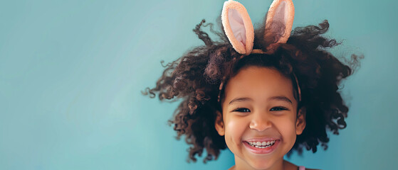 happy child with a smile wearing a bunny headband celebrating on easter day