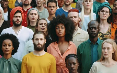 This photo captures a diverse group of individuals standing in a row facing each other. They are of different ethnicities and are engaged in a social interaction or exchange