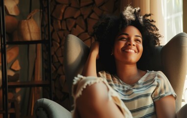 Fototapeta premium A photo of a multiethnic woman sitting on top of a chair next to a window, looking outside. She appears contemplative and relaxed in her posture