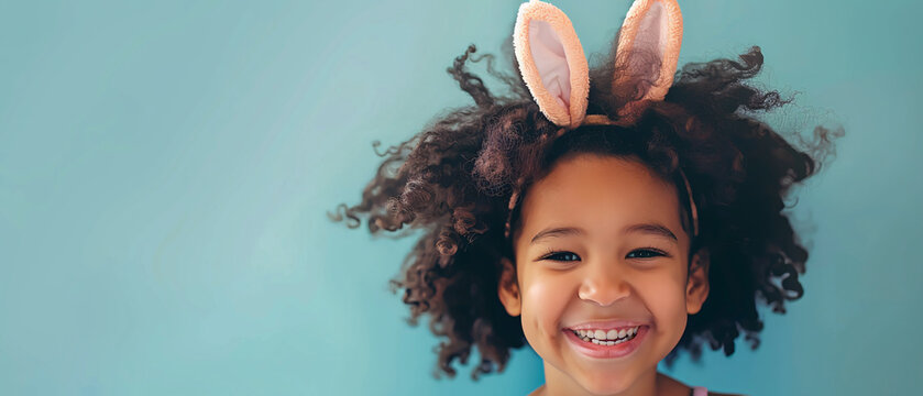 Naklejki happy child with a smile wearing a bunny headband celebrating on easter day