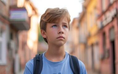 A young boy is captured standing in the center of a busy street, surrounded by urban buildings and vehicles. He appears focused and curious as he looks around the bustling environment