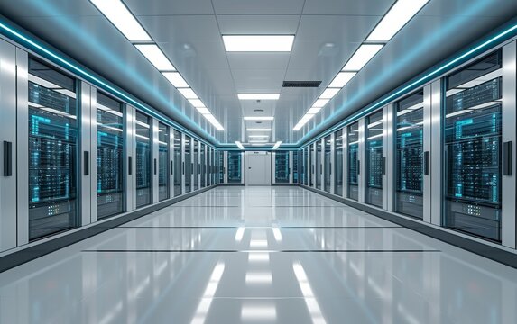 This photograph captures a long hallway filled with rows of servers, featuring a high-tech and organized infrastructure. The servers are neatly arranged in the hallway, showcasing a network system in  - Powered by Adobe