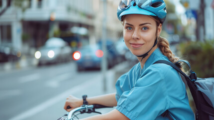 Smiling healthcare worker in a helmet biking in the city.