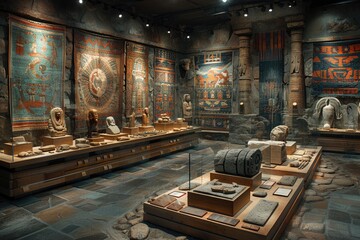 Vibrant mosaics and ancient sculptures line the museum hall, narrating a silent history, their colors preserved under the watchful lights, a testament to the diligence of archaeologists. - obrazy, fototapety, plakaty