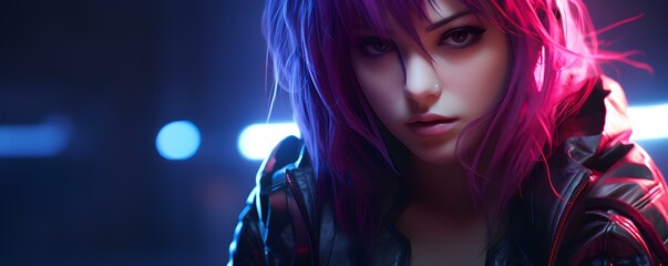 Anime Character with Bright Purple Hair in a Futuristic Cyberpunk Setting. Concept Anime, Character, Purple Hair, Futuristic, Cyberpunk