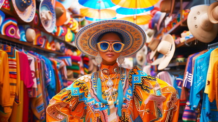 Fashionable woman in vibrant traditional dress and accessories at a cultural market setting.