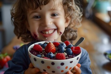 Child enjoying a healthy aa bowl with toppings embracing messy eating. Concept Food Photography,...