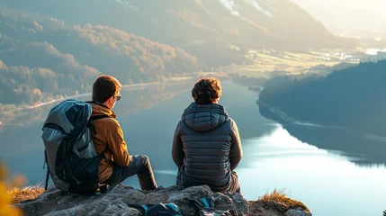 Fotobehang Two hikers rest on a mountain peak, overlooking a tranquil lake and autumnal forest valley. © weerasak