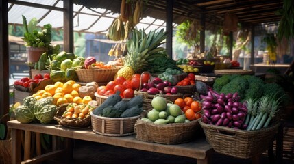 Grocery variety: Fresh and raw produce neatly arranged at market stalls, providing a range of healthy options. - obrazy, fototapety, plakaty