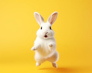 Cute white rabbit jumping on bright yellow background. Happy Easter theme. 