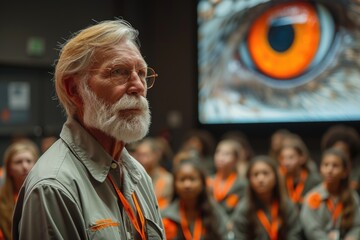 Obraz premium An elderly biologist with spectacles reflects deeply in a lecture hall with an intense gaze, an orange lanyard around his neck.