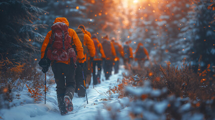 Group of people walking in a snowy forest - obrazy, fototapety, plakaty