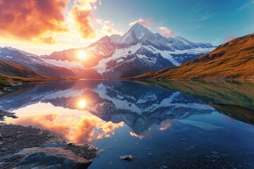 A majestic mountain landscape at sunset, snow-capped peaks, a crystal-clear lake reflecting the vibrant sky, serene nature. Resplendent.