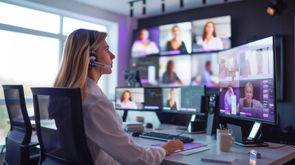 A female professional monitors various video calls in a modern multi-screen telecommunication center.