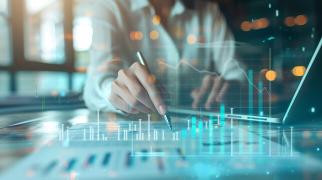 representation of business analytics, featuring a person's hand using a digital pen on a surface that displays vibrant graphical data overlays.