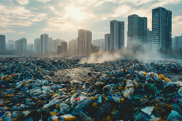 Contaminated and polluted city with lots of waste and trash - obrazy, fototapety, plakaty