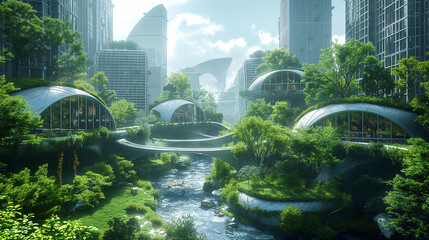 Futuristic ecological city with high end technology and vegetation around - obrazy, fototapety, plakaty