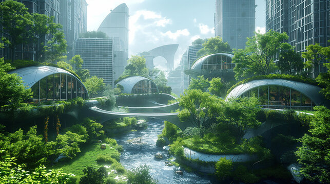 Futuristic ecological city with high end technology and vegetation around