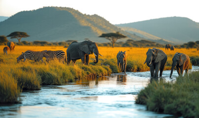 Embark on a journey through the iconic Serengeti landscape of Tanzania: Towering mountains frame vast grasslands where herds of majestic animals roam freely.