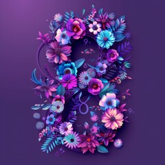 8 march illustration floral composition,  International Women’s Day Tribute, purple colors
