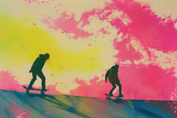Fototapeta premium two silhouettes of skaters in a colorful wash illustration young people skateboarding fashion streetwear blue pink yellow style teenagers on skateboards youth having fun in a skate park friends