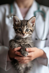 a veterinarian examines a small cat