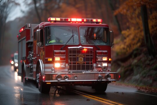 A firetruck bathed in the reflective glow of a wet street, with its lights piercing through the misty evening, stands ready amid an urban downpour.