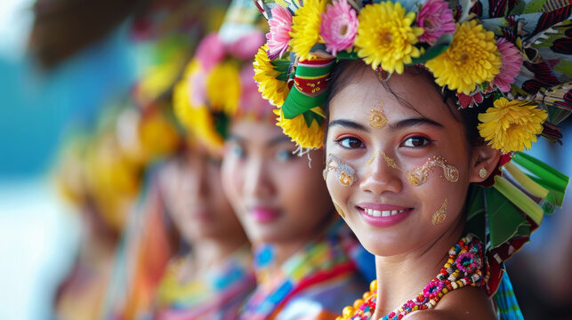 A group of Dawei women in Myanmar are adorned with vibrant flowers on their heads, showcasing traditional cultural practices. The women stand together, each with a unique assortment of colourfu blooms