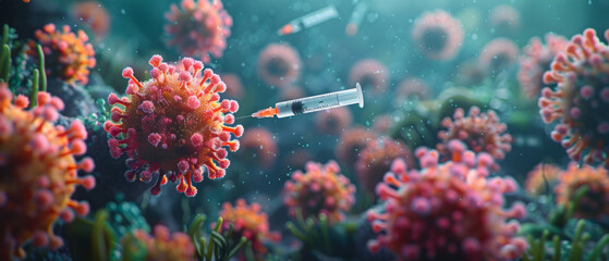 The syringe interacts with flu virus particles in a dynamic microscopic scene. The concept of fighting the epidemic of the virus - obrazy, fototapety, plakaty