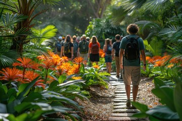 A group walking on a path in a tropical garden with sunlight. - Powered by Adobe