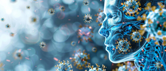 Digital Representation of Human Profile Surrounded by Flu Virus Symbols