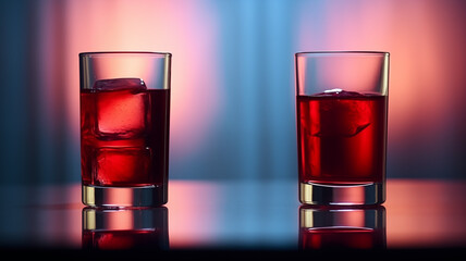 Two glasses of red drinks with ice cubes on a table
