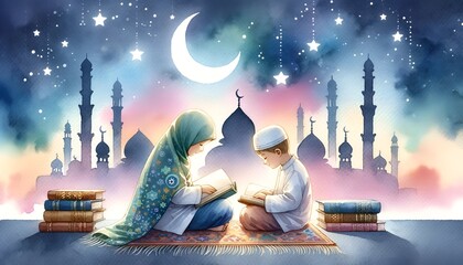 Watercolor illustration for ramadan with two children in traditional attire reading a quran under a starry sky with a crescent moon.