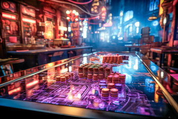 Obraz premium Pile of Casino Chips on a Glossy Surface with Neon Cityscape