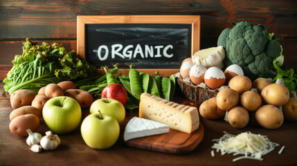 variety of fresh organic produce and dairy items displayed on a wooden surface, with a blackboard sign reading "ORGANIC" in the background.