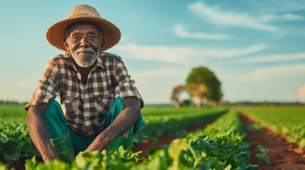 elderly man in a straw hat and green boots, squatting down in a field, touching the leaves of a young plant with a gentle and caring gesture.