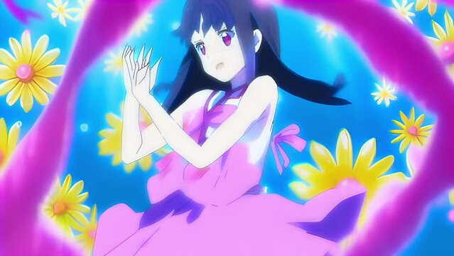 Anime character with dark hair in a pink dress surrounded by magical glowing pink ribbons and yellow flowers against a blue sky.
Concept: fantasy and magic, promotion of products for animated films.