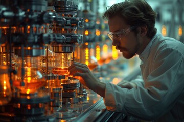 A male scientist meticulously adjusts high-tech apparatus in a lab glowing with warm amber light, focused on precise calibration. - obrazy, fototapety, plakaty