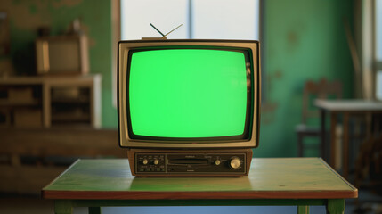 A green screen tv sitting on top of a table