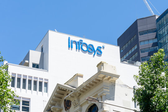 Auckland, New Zealand - February 1, 2024: Infosys office in Auckland, New Zealand. Infosys Limited is an Indian multinational information technology company. 