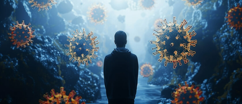 A person against the background of enlarged viral particles. The concept of the danger of viruses to humans
