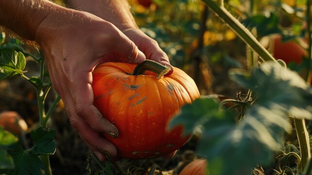 A close-up image captures the hands of a person with dirt under their nails, carefully cradling a vibrant orange pumpkin amid the greenery of a pumpkin patch, with sunlight casting a warm glow over th